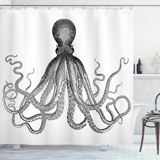 Ambesonne Nautical Shower Curtain, Vintage Engraved Illustration of an Octopus Sea Creature Monochrome Art, Cloth Fabric Bathroom Decor Set with Hooks, 69" W x 70" L, Grey Black