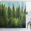 Ambesonne Nature Shower Curtain, Forest Pine Tree Tops Refreshing Eco Woodland Wilderness Mountainside Landscape Print, Cloth Fabric Bathroom Decor Set with Hooks, 69" W x 75" L, Green Teal