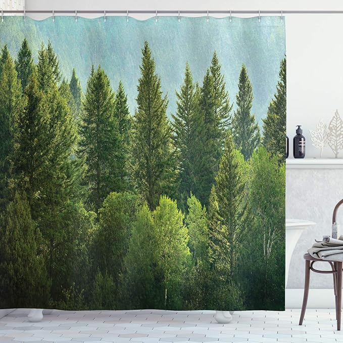 Ambesonne Nature Shower Curtain, Forest Pine Tree Tops Refreshing Eco Woodland Wilderness Mountainside Landscape Print, Cloth Fabric Bathroom Decor Set with Hooks, 69" W x 75" L, Green Teal