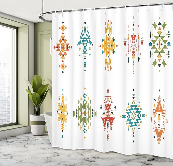 Ambesonne Tribal Shower Curtain, Abstract Style in Colorful Design Vintage Old Illustration, Cloth Fabric Bathroom Decor Set with Hooks, 69" W x 70" L, Petrol Blue