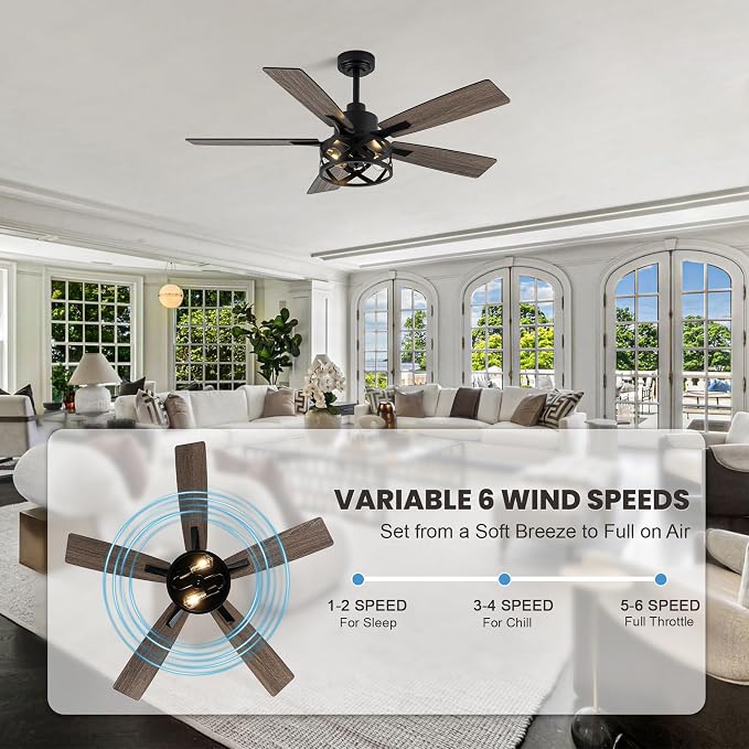 Dawn Whisper 52 Inch Farmhouse Ceiling Fans with Lights and Remote Quiet and Reversible DC Motor Black Industrial Rustic Caged Ceiling Fan for Bedroom Living Room Covered Patio