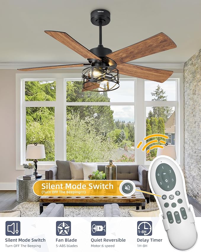 YOUKAIN Ceiling Fans with Lights, 48 Inch Farmhouse Ceiling Fans with Lights and Remote, 5-Reversible Blades with Matte Black/Wooden Finish, 48-YJ632-BKW