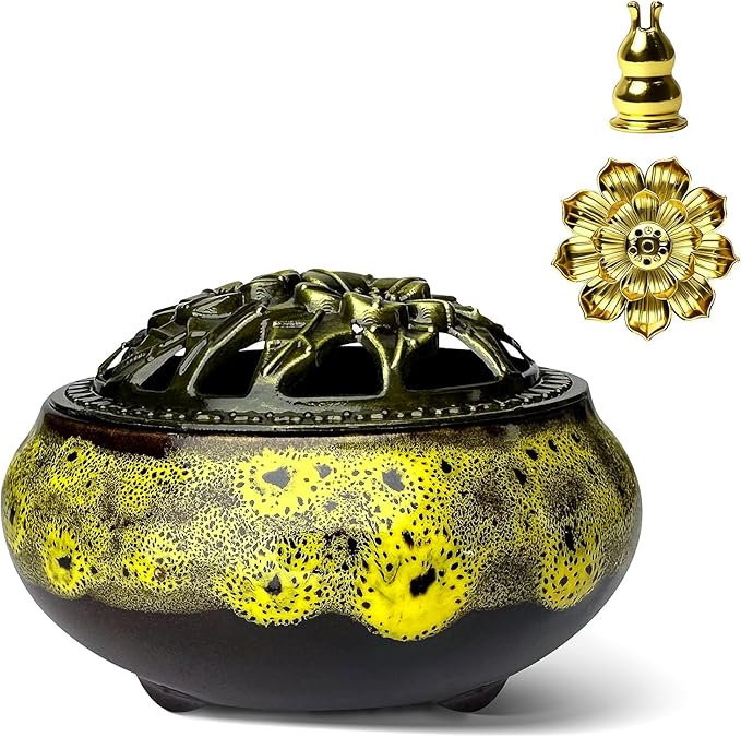 Ceramic Incense Burner, Bowl Burner,Cone Incense Burner with Brass lid for use with Stick or Cone-Shaped Incense，Lotus Incense Stick Holder Calabash Incense Stick Holder, 3pc (Fambe Yellow)