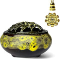 Ceramic Incense Burner, Bowl Burner,Cone Incense Burner with Brass lid for use with Stick or Cone-Shaped Incense，Lotus Incense Stick Holder Calabash Incense Stick Holder, 3pc (Fambe Yellow)