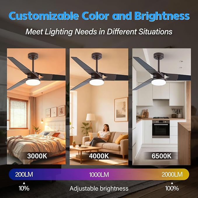 Ceiling Fan with Lights and Remote, 3 Blade App Control Timer Reversible Stepless Brightness and Color Temperature Outdoor Wood Ceiling Fan with Lights (Brown, 52 Inch)