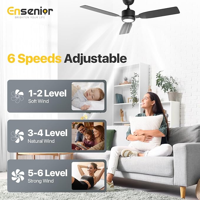 Ensenior 52 Inch Ceiling Fan with Light and Remote, Modern Black Ceiling Fans with 3 Reversible Wood Blades, Quiet DC Motor, 6-Speed, Memory Function, Farmhouse Ceiling Fan for Bedroom Living Room