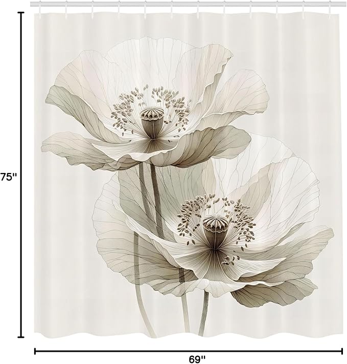 Ambesonne Neutral Shower Curtain, Poppy Flowers in Muted Colors Bloom of Nature Simple and Pure, Cloth Fabric Bathroom Decor Set with Hooks, 69" W x 75" L, Off White and Dark Eggshell