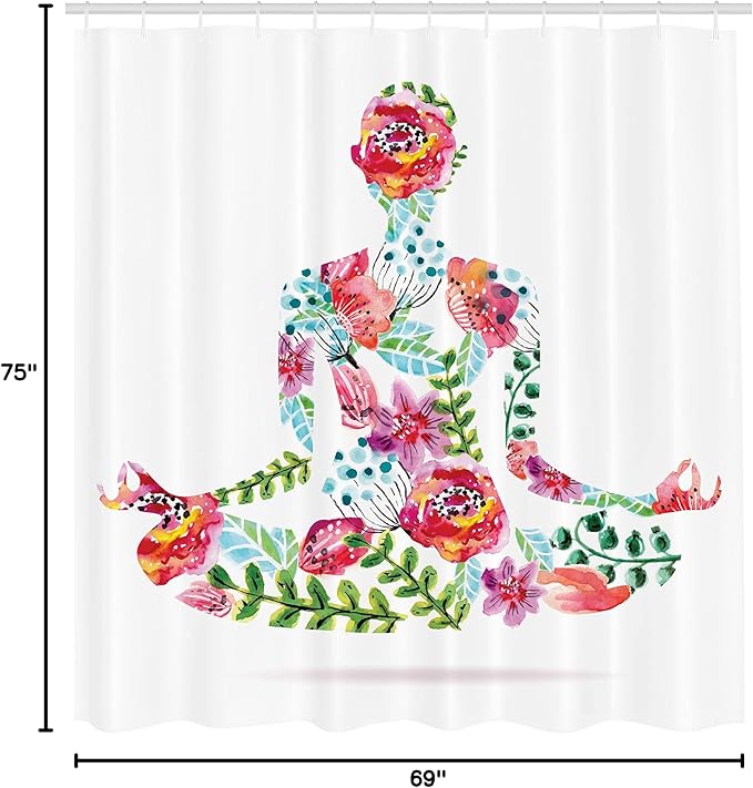 Ambesonne Yoga Shower Curtain, Colorful Yoga Pose Floral Human Leaf Meditating Spring Wellness Vibrant Colors Namaste, Cloth Fabric Bathroom Decor Set with Hooks, 69" W x 75" L, Pink Blue
