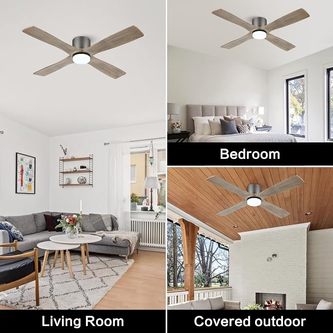 WINGBO 54 Inch Flush Mount DC Ceiling Fan with Lights and Remote, 4 Reversible Carved Wood Blades, 6-Speed Noiseless DC Motor, Hugger Ceiling Fan in Graphite Finish with Gray Blades