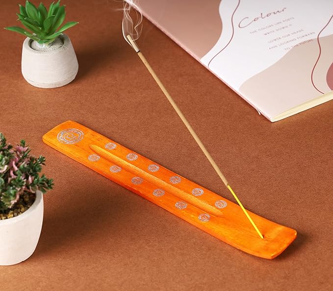 Bless-International Traditional-Handmade-Burner Wooden-Incense-Stick-Holder Ash-Catcher-Stand for-Aromatherapy-Meditation-Yoga (Orange, The Energy) 10 Inches, Pack of 1