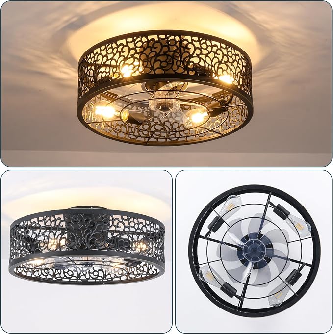 COCOSTAR Caged Ceiling Fan with Light Flush Mount Farmhouse Black Fandelier | Remote/APP,Low Profile,Enclosed,Bladeless,Quiet,20" Rustic Light Fixture with Fan for Kitchen Bedroom Living Room Dining Room