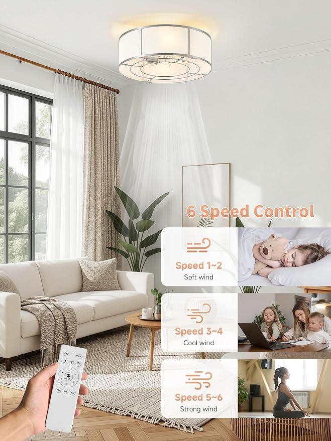 Low Profile Ceiling Fans with Lights, 20" Flush Mount Ceiling Fan with Light, Silver and White Boho Bladeless with 6 Speeds Remote Control for Bedroom, Nursery, Living Room