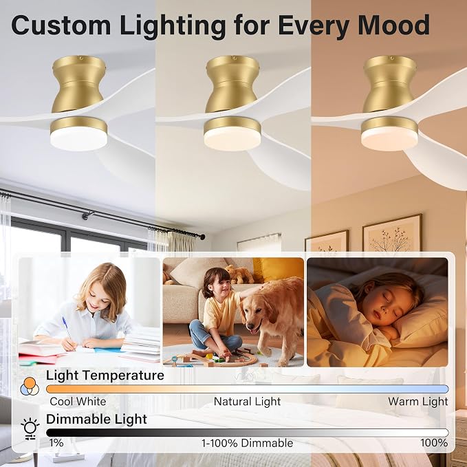 52" Wood Ceiling Fans with Lights Remote,Smart Control via WIFI Alexa APP,Outdoor Indoor Flush Mount Ceiling Fan for Low Profile Modern Living Room,Patio,White and Gold,Dimmable LED,Quiet DC Motor