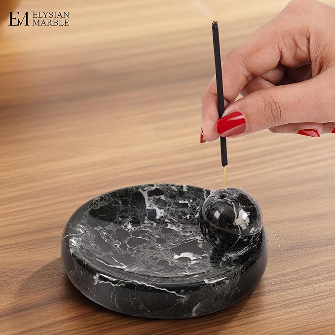 Incense Holder for Sticks, Natural Marble Incense Burner Ash Catcher Plate for Palo Santo, Sage, Meditation, Yoga and Home Decor - Black