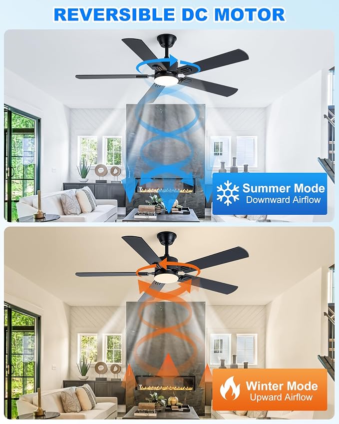 Coolwind 56 Inch Black Modern Ceiling Fan with Display Remote/APP Control, Quiet Ceiling Fan with Light with 8 Speeds & 3CCT, Dimmable, Timer, DC Reversible Motor for Bedroom, Living Room