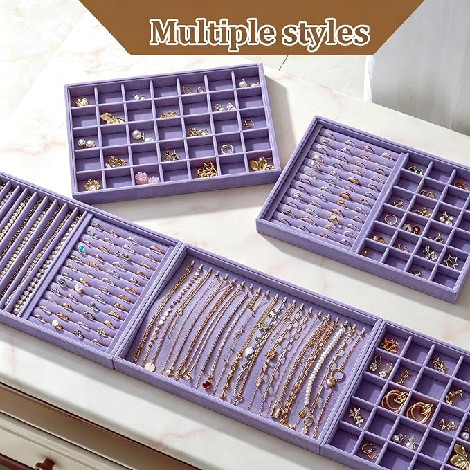Large Velvet Jewelry Tray 2 Pack Stackable Jewelry Display Drawer Inserts Trays Organizer for Earring Bracelet Necklace Ring (Purple, Ring and 24 Grids)