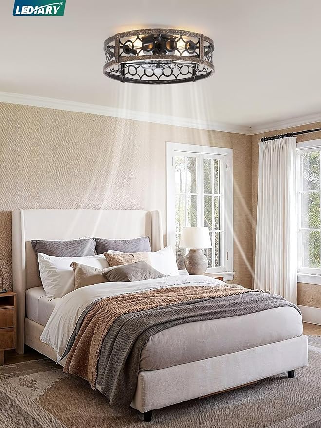 LEDIARY Caged Flush Mount Ceiling Fans with Lights, 20 Inch Farmhouse Low Profile Ceiling Fan with Remote, Small Bladeless Fan Lights Ceiling Fixtures for Bedroom, Kitchen- Black and Gold