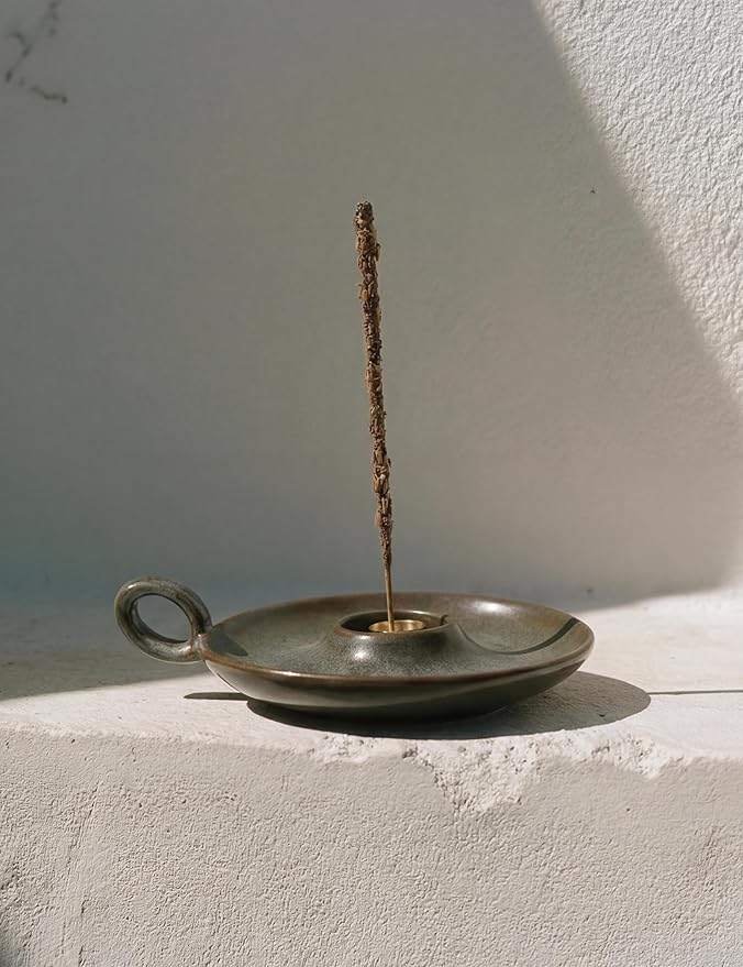 Klin-Transformation Glaze Green Incense Holder，Handcrafted Ceramic with Unique Flowing Colors & Handle for Sage, Palo Santo, Good for Meditation & Yoga Gift