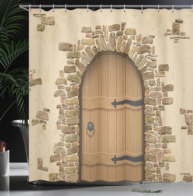 Ambesonne Rustic Shower Curtain, Wine Cellar Entrance Stone Arch Architecture European Building, Cloth Fabric Bathroom Decor Set with Hooks, 69" W x 70" L, Sand Brown Pale Brown