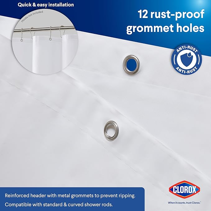 Clorox Shower Curtain Liner, Premium Lightweight Flexible Waterproof 6g PEVA for Bathroom with Weighted Magnets, Standard Size 72" x 72", White 2 Pack