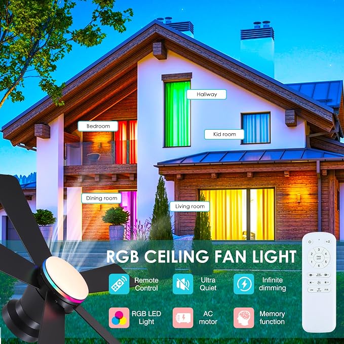 Hounberi 46 Inch Flush Mount Ceiling Fan with RGB Light and Remote, Modern Black Low Profile Ceiling Fan for Low Ceilings, 3CCT Dimmable LED, 6 Speeds Quiet Reversible Motor for Bedroom & Living Room