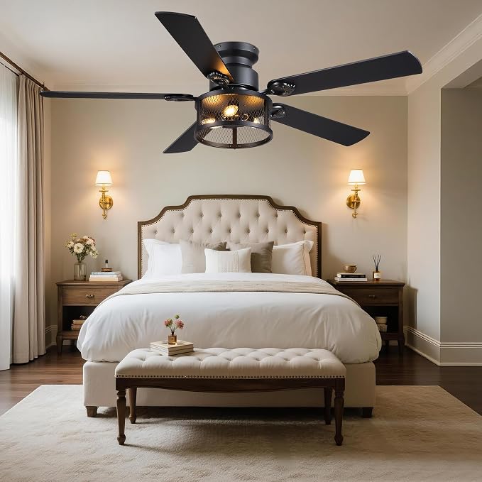JSAITEE 52in Flush Mount Farmhouse Ceiling Fan with Lights, Caged | Low Profile Fan Light with E12 Base(Bulbs Not Included), 6 Speeds Adjustable&Timer, Rustic Lighting Fan for Indoor/Outdoor