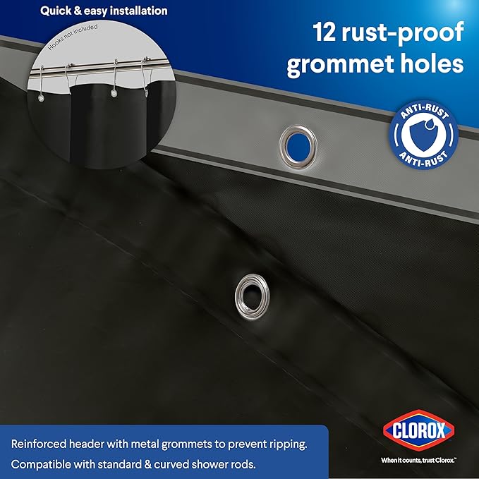 Clorox Shower Curtain Liner, Premium Medium Weight Flexible Waterproof 6g PEVA for Bathroom with Weighted Magnets, Standard Size 72" x 72", Black 1 Pack