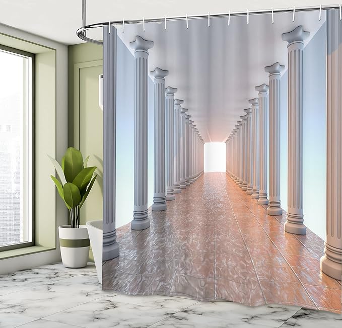 Ambesonne Vintage Shower Curtain, Corridor with Columns Marble Floor Old Library Classic Government Buildings Vintage Deco, Cloth Fabric Bathroom Decor Set with Hooks, 69" W x 70" L, Amber