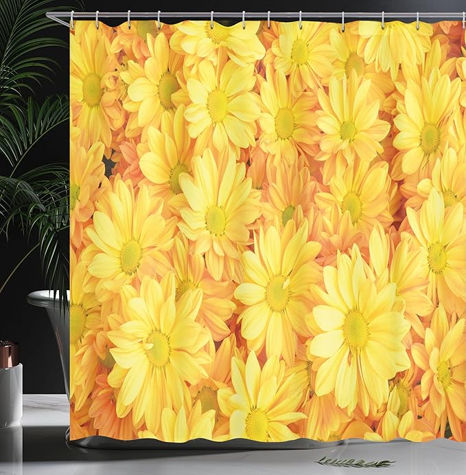 Ambesonne Yellow Flower Shower Curtain, Lively Daisies Fresh Bouquets with Natural Seasonal Bedding Plant Petals, Cloth Fabric Bathroom Decor Set with Hooks, 69" W x 70" L, Marigold Yellow