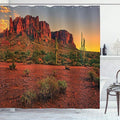Ambesonne Saguaro Shower Curtain, Colorful Sunset View of The Desert and Mountains Near Phoenix Arizona USA, Cloth Fabric Bathroom Decor Set with Hooks, 69" W x 84" L, Yellow Green