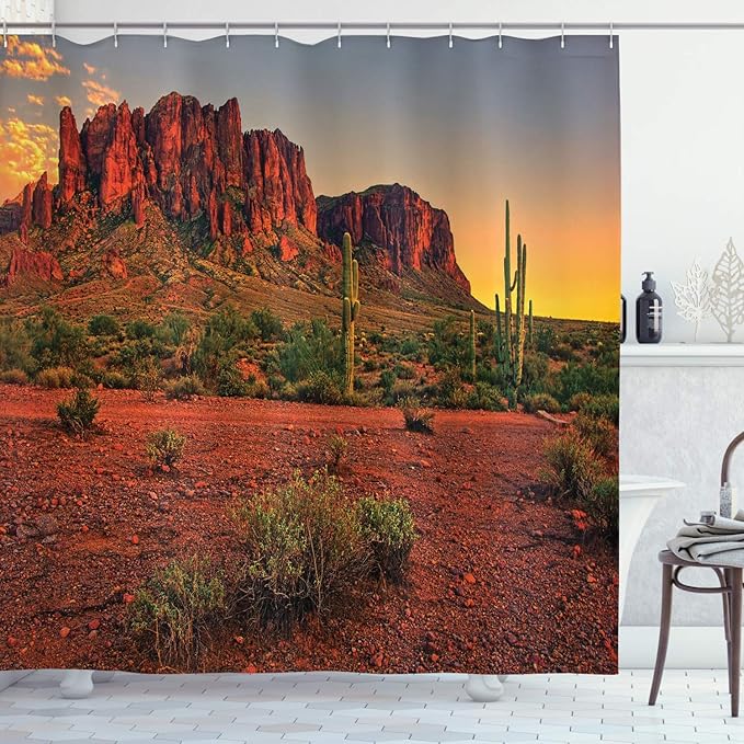 Ambesonne Saguaro Shower Curtain, Colorful Sunset View of The Desert and Mountains Near Phoenix Arizona USA, Cloth Fabric Bathroom Decor Set with Hooks, 69" W x 75" L, Yellow Green