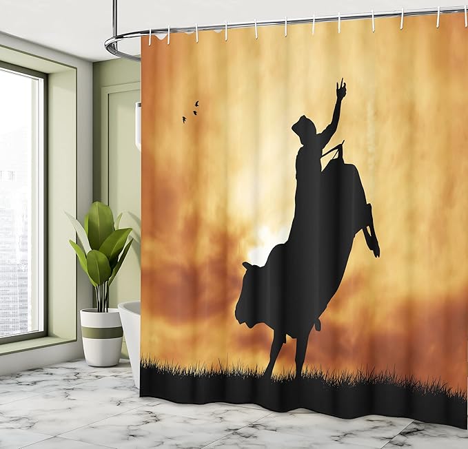 Ambesonne Western Shower Curtain, Bull Rider Silhouette at Sunset Dramatic Sky Rural Countryside Landscape Rodeo, Cloth Fabric Bathroom Decor Set with Hooks, 69" W x 84" L, Amber Black
