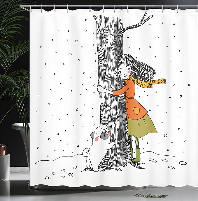 Ambesonne Dog Shower Curtain, Young Girlnd Pug Dog Holding Tree in The Snowy Weather Illustration, Cloth Fabric Bathroom Decor Set with Hooks, 69" W x 70" L, White Black