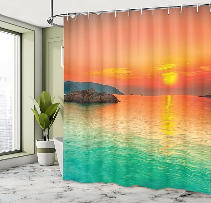 Ambesonne Nature Shower Curtain, Sunset Over The Sea Con Dao Vietnam Sunbeams Colorful Sky Reflection on Water, Cloth Fabric Bathroom Decor Set with Hooks, 69" W x 70" L, Orange Mint Green