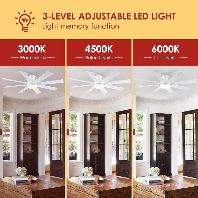 Mpayel Ceiling Fans with Lights, 52 Inch Low Profile Flush Mount Ceiling Fan, Modern White Ceiling Fan with Light for Bedroom Living Room, Remote/APP Control, Quiet DC Motor, Dimmable, 8 Wood Blades
