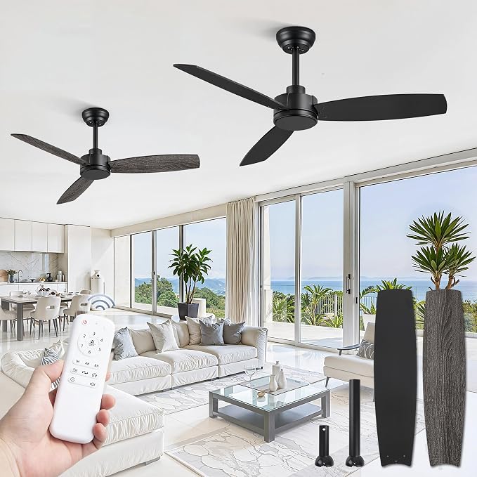 ZMISHIBO 2 Pack 42 Inch Outdoor Ceiling Fans with Remote, Black Ceiling Fan No light with Quiet Reversible DC Motor, 6 Speeds, 3 Blade Modern Ceiling Fans for Patio Living Room Bedroom Indoor
