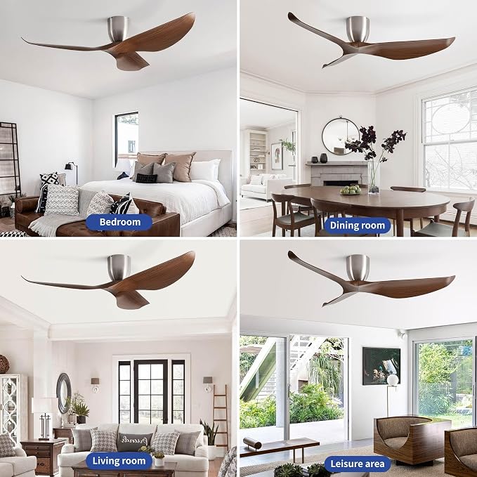 60" Walnut Finish Flush Mount Ceiling Fan with Remote, No Light | Modern Low-Profile, Heat Resistant ABS Blades, 6-Speed Reversible Quiet DC Motor for Balcony, Living Room, Bedroom