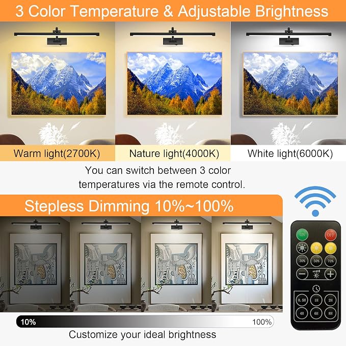 Tassuowell Picture Light Battery Operated with Remote, 3CCT Dimmable Picture Light for Paintings, Black Rechargeable 24 inch Battery Operated Wall Sconce for Art Lighting Gallery Portrait Artwork