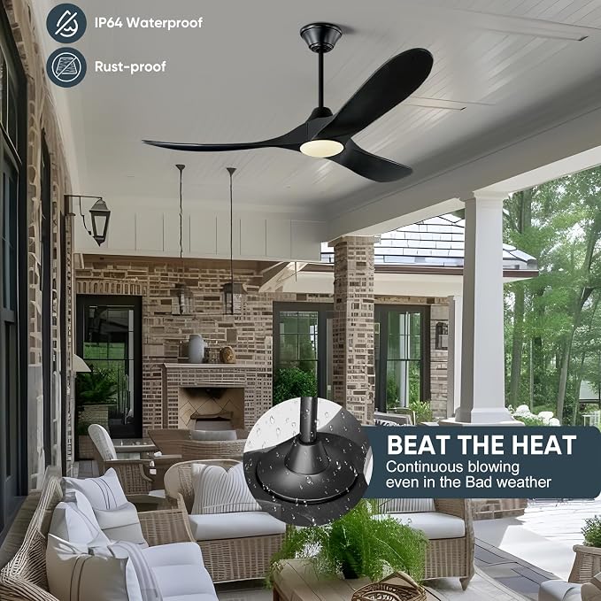 52 Inch Black Smart Ceiling Fan with Lights, Outdoor Ceiling Fan for patio, 3 Blades Wood Ceiling Fan with Quiet Reversible DC Motor, Indoor Exterior Modern Ceiling Fan with Alexa/App/Remote Control