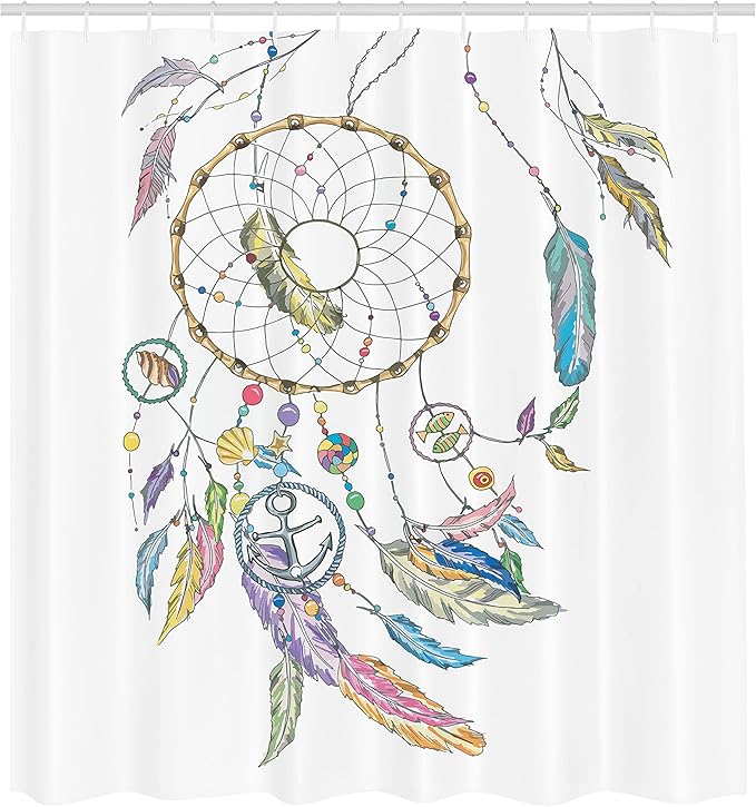 Ambesonne Tribal Shower Curtain, Dreamcatcher with Marine Objects Shell Fish Anchor Boho Print Image, Cloth Fabric Bathroom Decor Set with Hooks, 69" W x 70" L, Violet