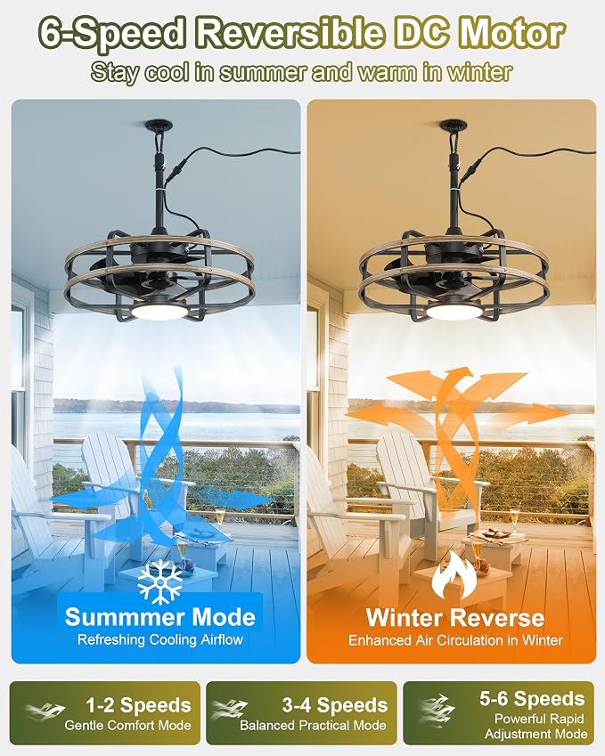 20" Outdoor Ceiling Fan with Light – Waterproof Plug-In Smart Fan for Porch, Pergola & Gazebo, 4CCT Color Adjustable, Alexa & Google Compatible, Caged Design, Black & Dark Wood Finish