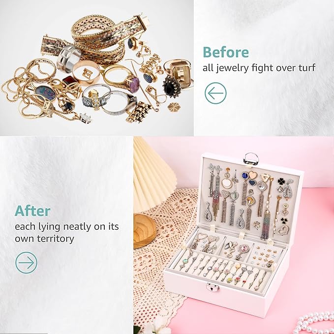 BOOVO Large Jewelry Boxes For Women(White, 4 layer) | 4 Layers Jewelry Organizer Box With Cosmetic Storage Drawer, Necklace Ring Jewelry Organizer Box