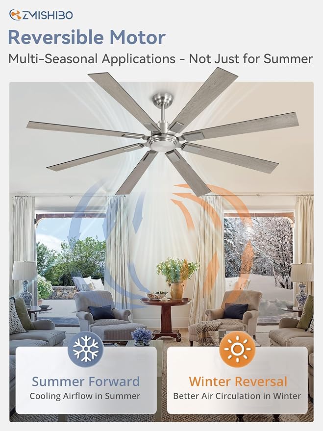 72 Inch Brushed Nickel Modern Ceiling Fan No Light with Remote, Outdoor Ceiling Fans Without Light with Quiet Reversible DC Motor, 6 Speeds, 8 Blades Large Ceiling Fan for Patios, Living Room, Garage