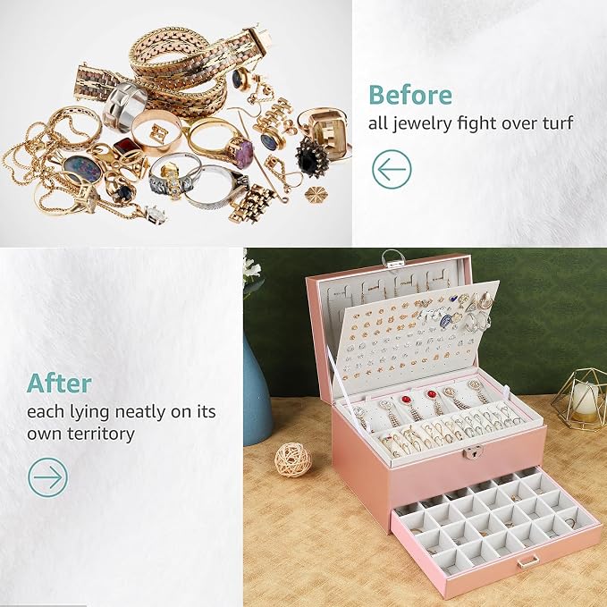 BOOVO Large Jewelry Boxes For Women (rose gold) | 5 Layers Jewelry Organizer Box With Cosmetic Storage Drawer, Necklace Ring Jewelry Organizer Box