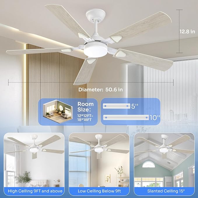 Ceiling Fans with Lights, 52 Inch Modern Ceiling Fans with Lights and Remote Control, DC Reversible Motor, Noiseless, 3CCT, Ceiling Fan for Bedroom, Living Room, Apartment Indoor/Outdoor Use