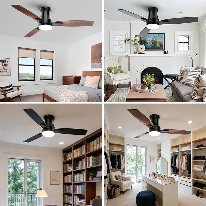 48 Inch Flush Mount Ceiling Fan with Light, Reversible Quiet DC Motor, Dimmable LED & 3CCT, 6 Speeds, Remote & APP Control, Black Modern for Bedroom Living Room