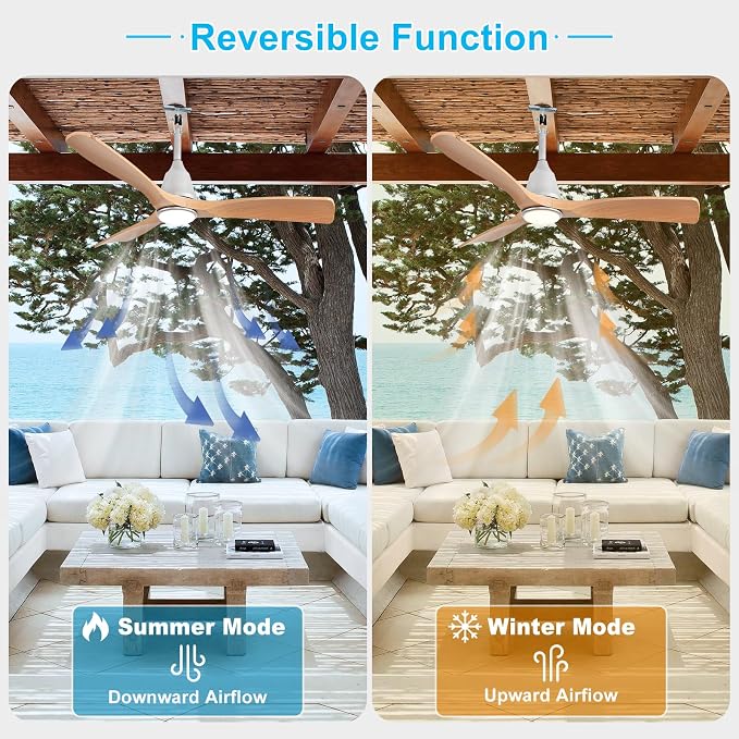 Depuley Outdoor Ceiling Fan with Lights: 42" Silver Gazebo Fans Outdoor Hanging with Remote APP Control - Plug in Waterproof Fans with Light for Patio Porch Reversible Wood Blades 3CCT 6 Speeds Timer