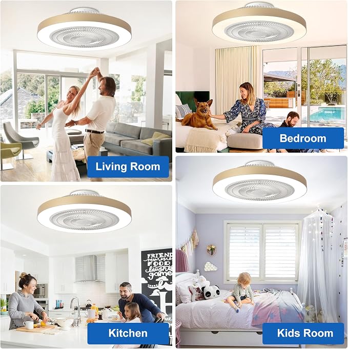Depuley LED Ceiling Fan with Light: 19" Modern Flush Mount Low Profile Ceiling Fans with Remote & Smart APP Control - Gold Bladeless Fandelier Dimmable Quiet DC Motor for Bedroom Kids Room 6 Speeds