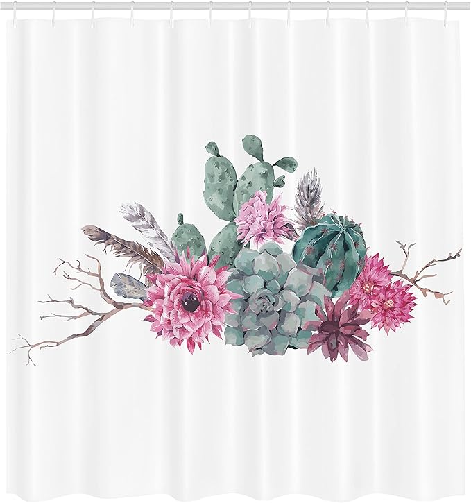 Ambesonne Succulent Shower Curtain, Feathers Flowers Cacti Hipster Elements Vintage Fashion, Cloth Fabric Bathroom Decor Set with Hooks, 69" W x 75" L, Green Pink