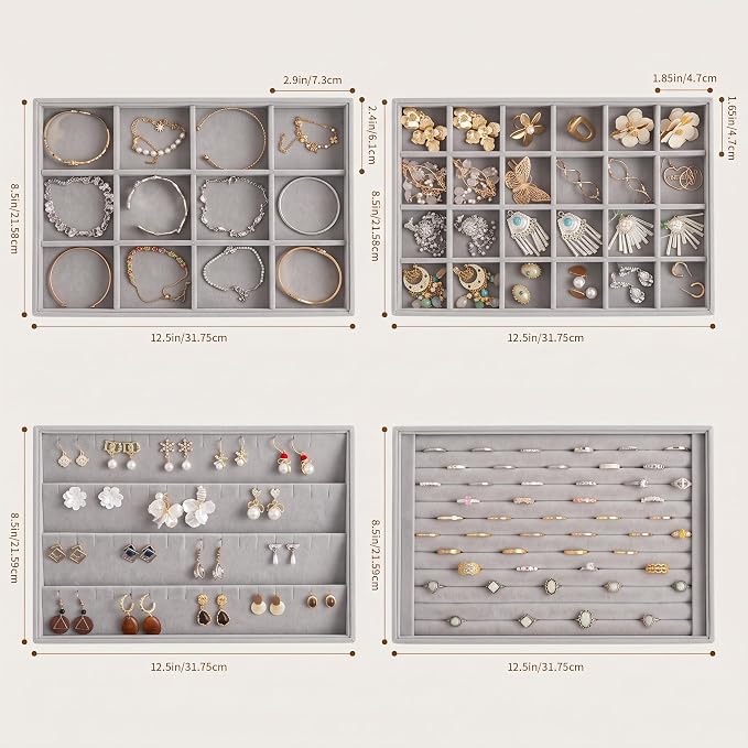 Frebeauty Jewelry Trays for Drawer,Set of 4 Jewelry Organizer and Storage | Velvet Material,Stackable,Adjustable Dividers,Drawer Inserts for Rings Studs Bracelet,Earring Organizer for Women Girls